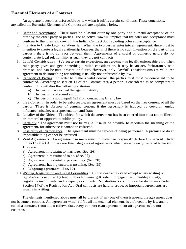 Essential Elements of a Contract | PDF | Consideration | Legal Concepts