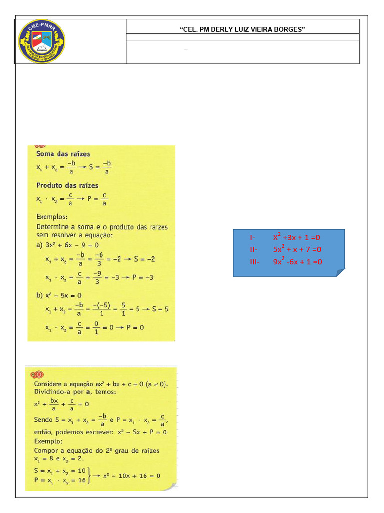 Exercícios de Soma e Produto em Equações | PDF | Equações | Matemática ...
