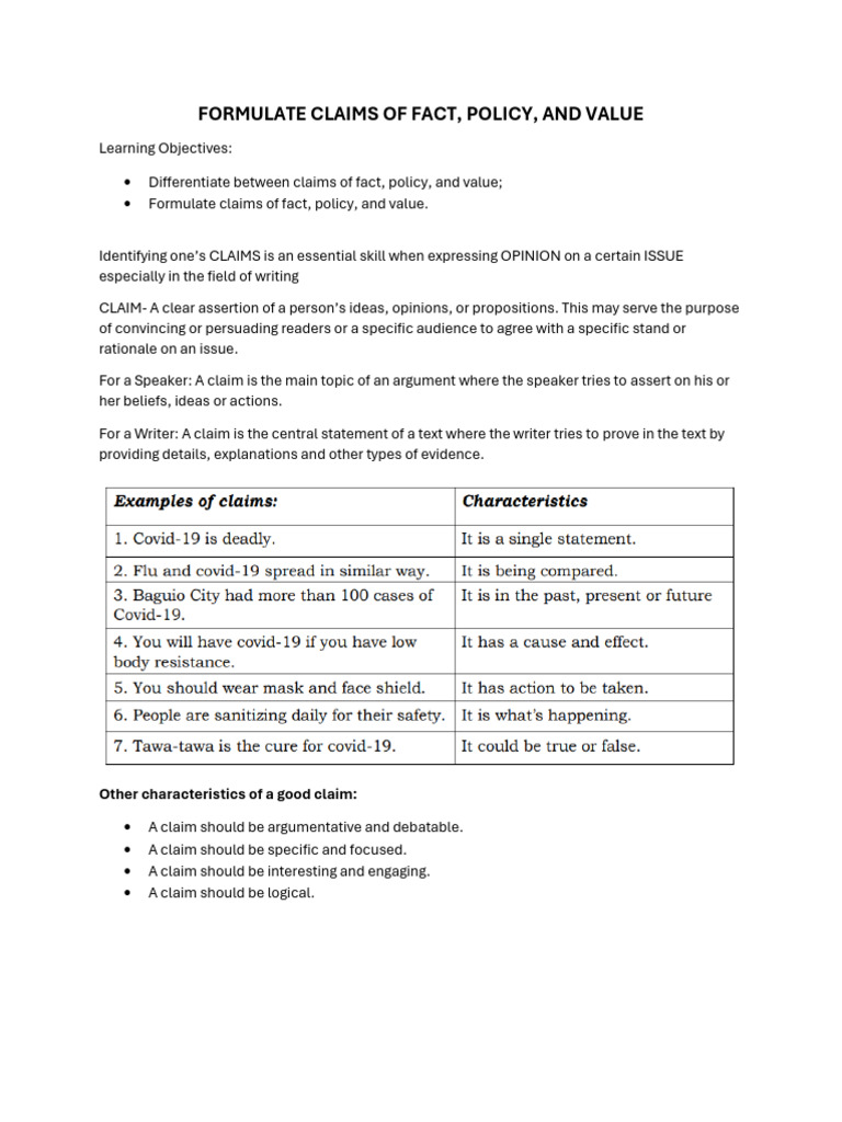Formulating Claims: Fact, Policy, Value | PDF | Evidence