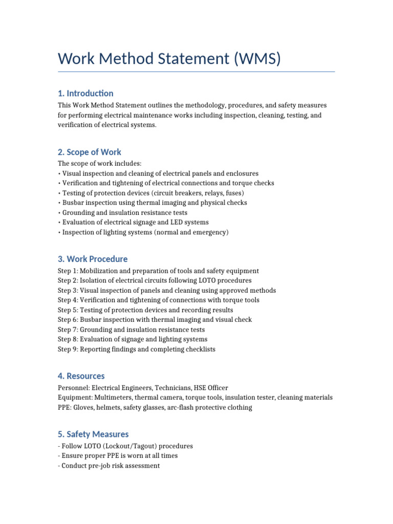 Electrical Maintenance Work Method Statement | PDF