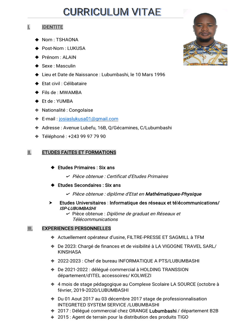 CV d'Alain Tshaona Lukusa | PDF