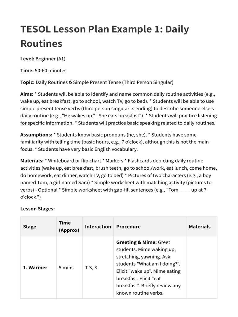 Daily Routines Lesson Plan (A1) | PDF | Linguistics | Syntax