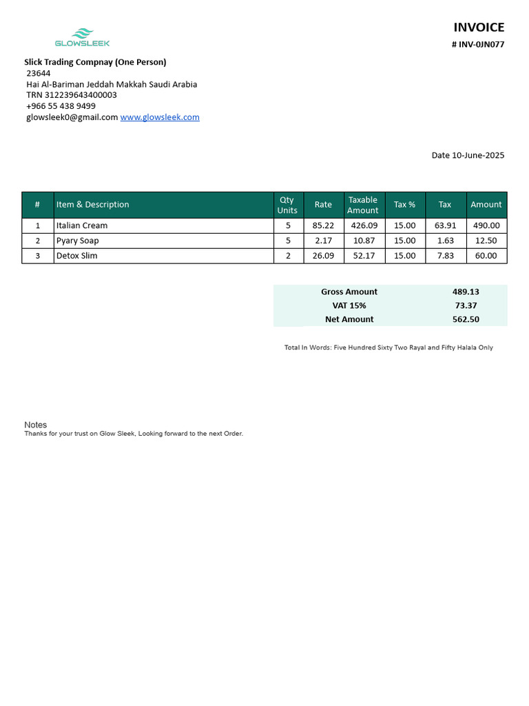 Invoice for Glow Sleek Products | PDF