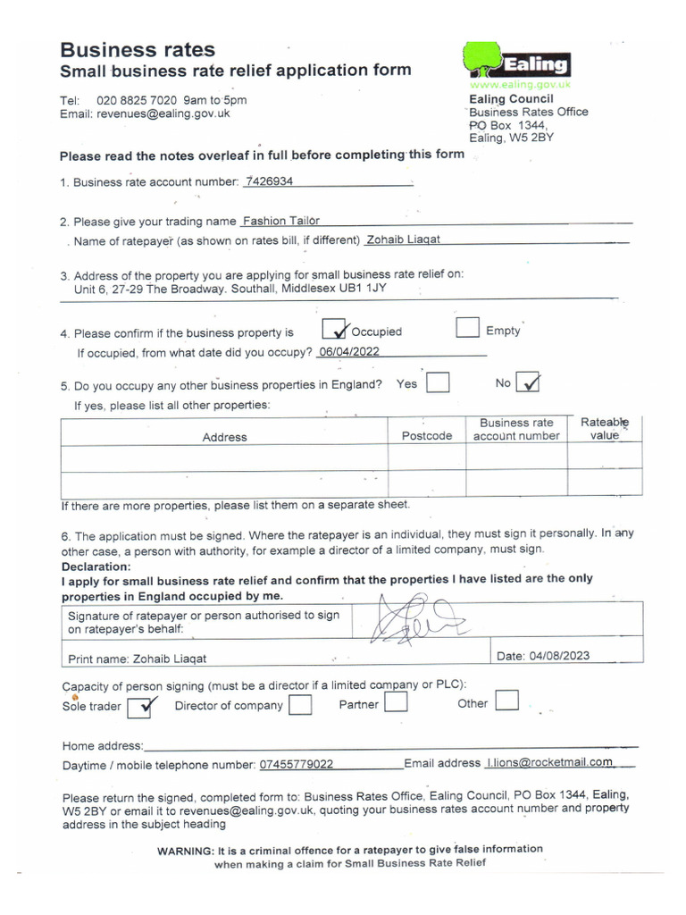 UK Business Rates Relief Form S | PDF