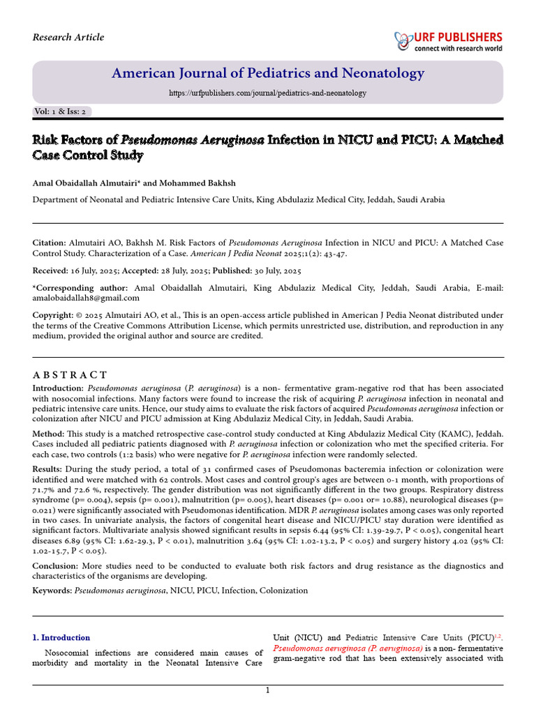 Risk Factors of Pseudomonas Aeruginosa Infection in NICU and PICU: A ...