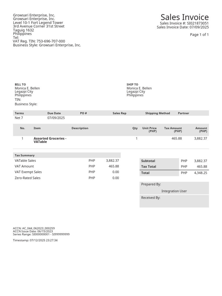 Growsari Sales Invoice Sample 2025 | PDF | Invoice | Value Added Tax