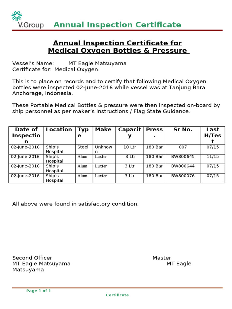 Annual Medical Oxygen Inspection Certificate | PDF