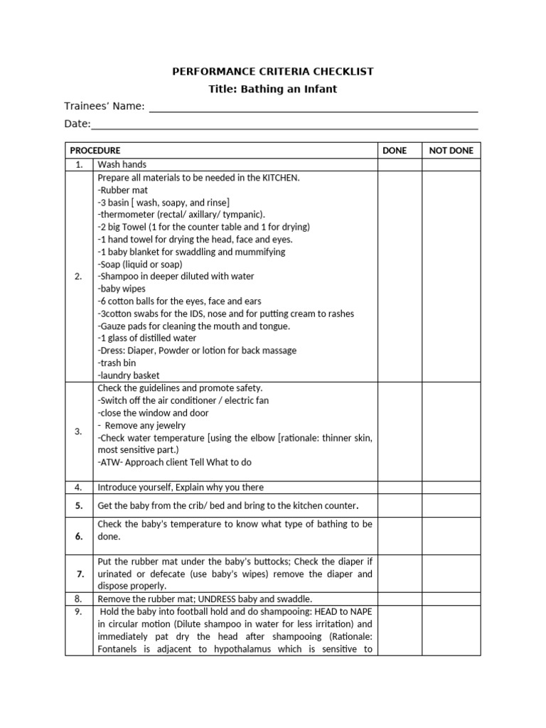 Infant Bathing Procedure Checklist | PDF | Labia