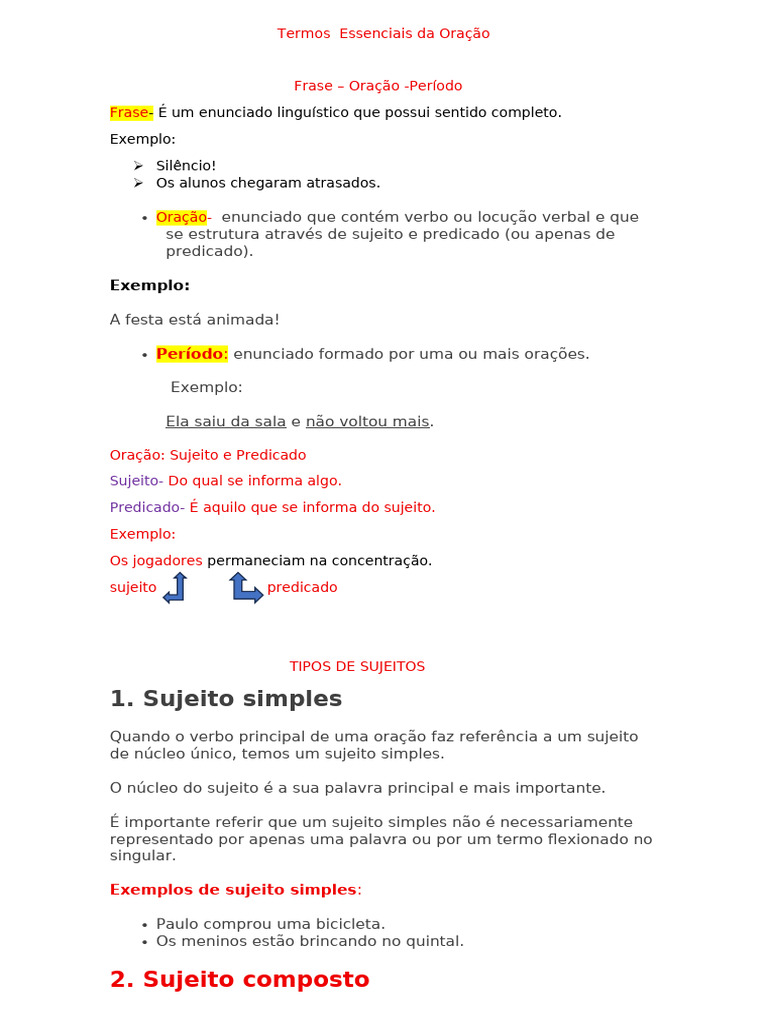 Tipos de Sujeito e Predicado | PDF | Assunto (gramática) | Predicado ...