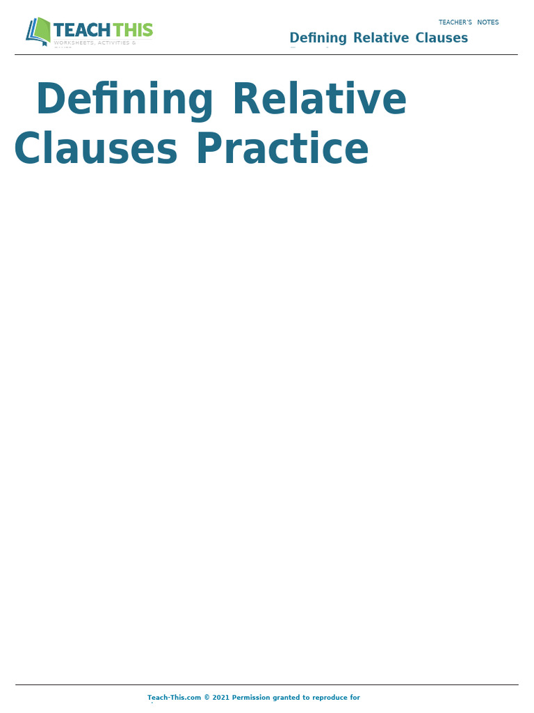 Defining Relative Clauses Worksheets | PDF