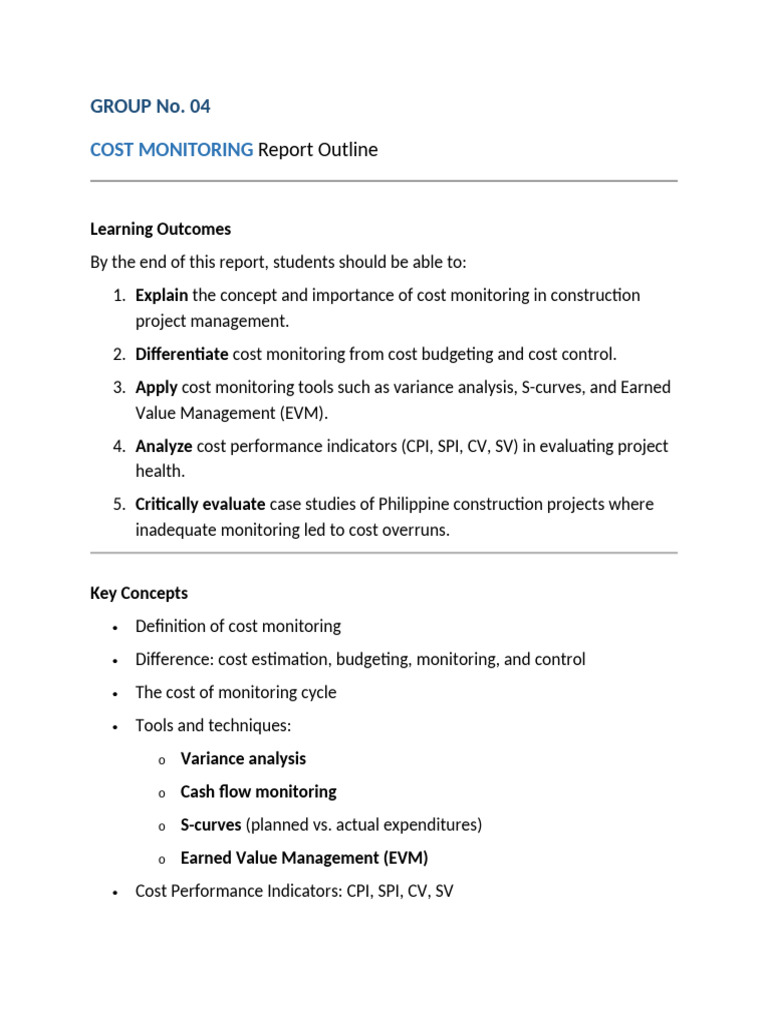 Group No. 04 - Report Outline For COST MONITORING | PDF | Business