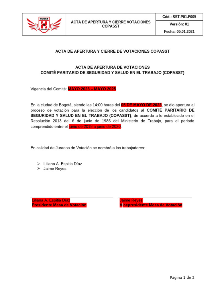 Acta de Votaciones COPASST 2023 | PDF | Gobierno | Elecciones