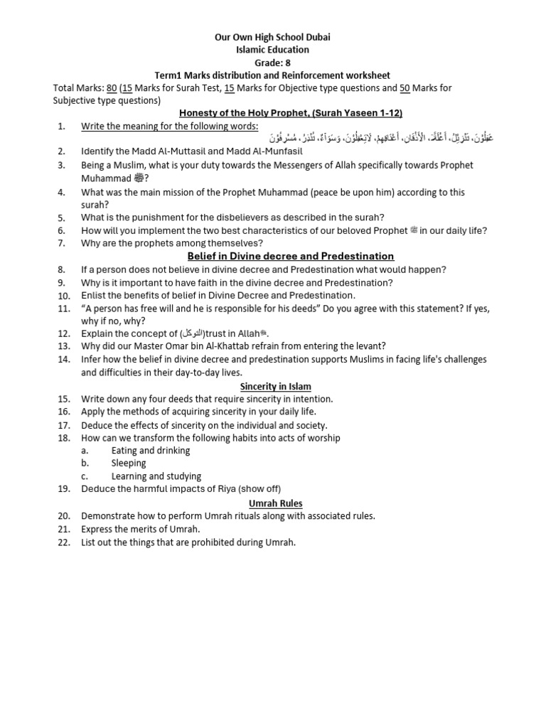 Grade 8 Islamic Education Worksheet | PDF | Muhammad | Abrahamic Religions