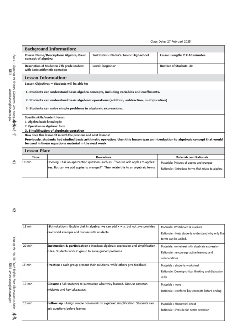 Beginner Algebra Lesson Plan for 7th Grade | PDF | Algebra | Learning