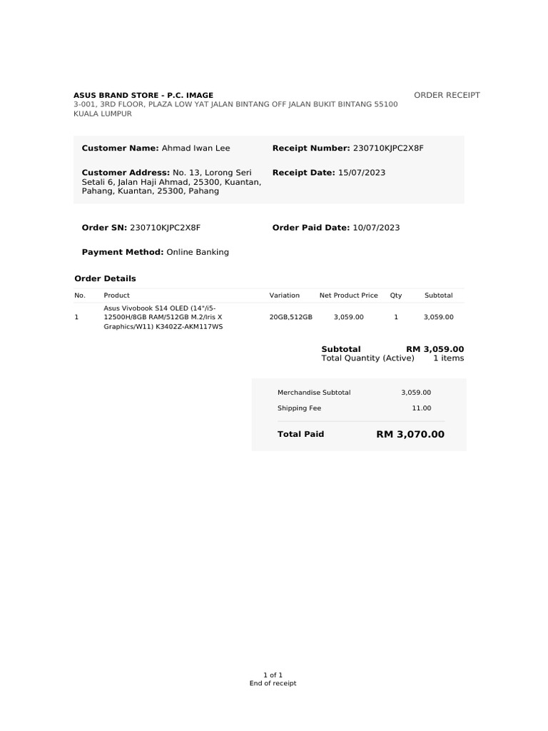 Asus Vivobook Purchase Receipt | PDF