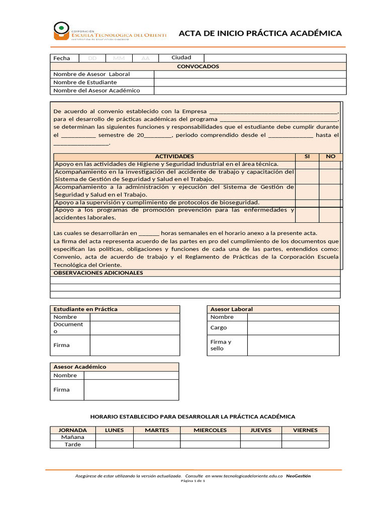Acta de Inicio de Práctica Académica | PDF