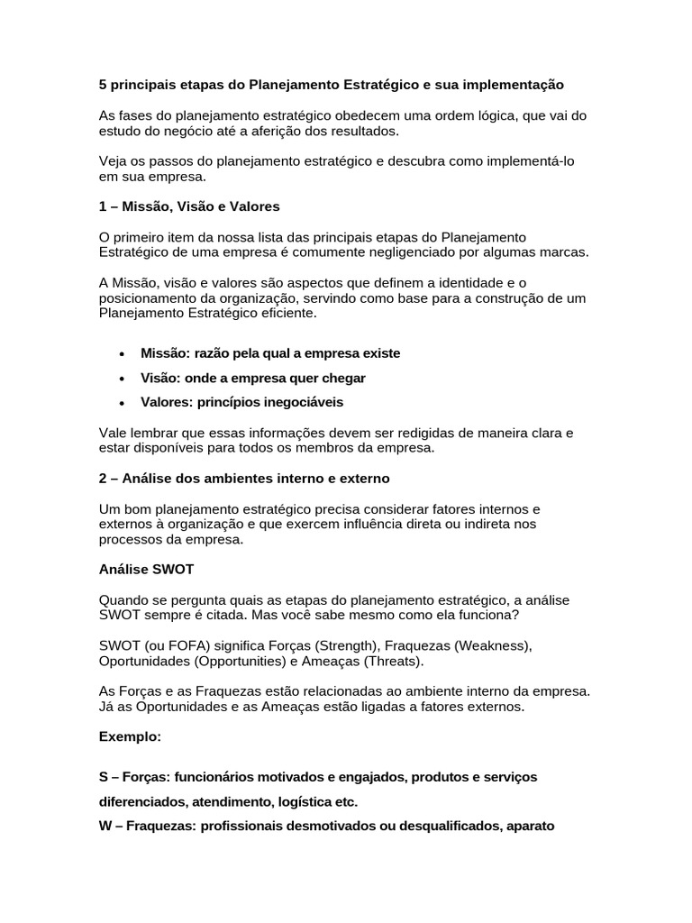 5 Etapas do Planejamento Estratégico | PDF | Análise SWOT | Economia