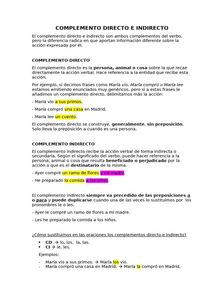 COMPLEMENTO DIRECTO E INDIRECTO | PDF | Verbo | Objeto (gramática)