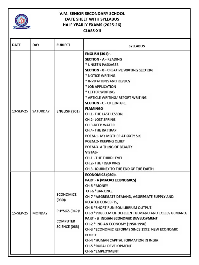 Class 12 Half Yearly Exam Schedule | PDF | Economics | Electricity