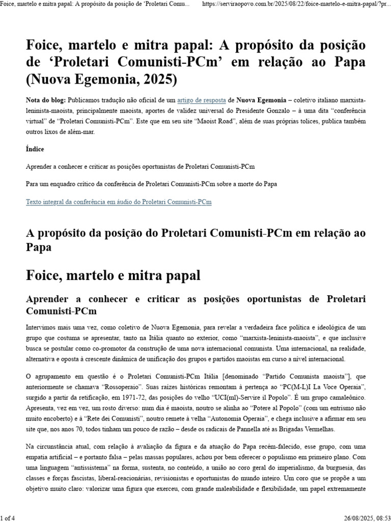 Crítica ao Proletari Comunisti-PCm e o Papa | PDF | Papa | Fascismo