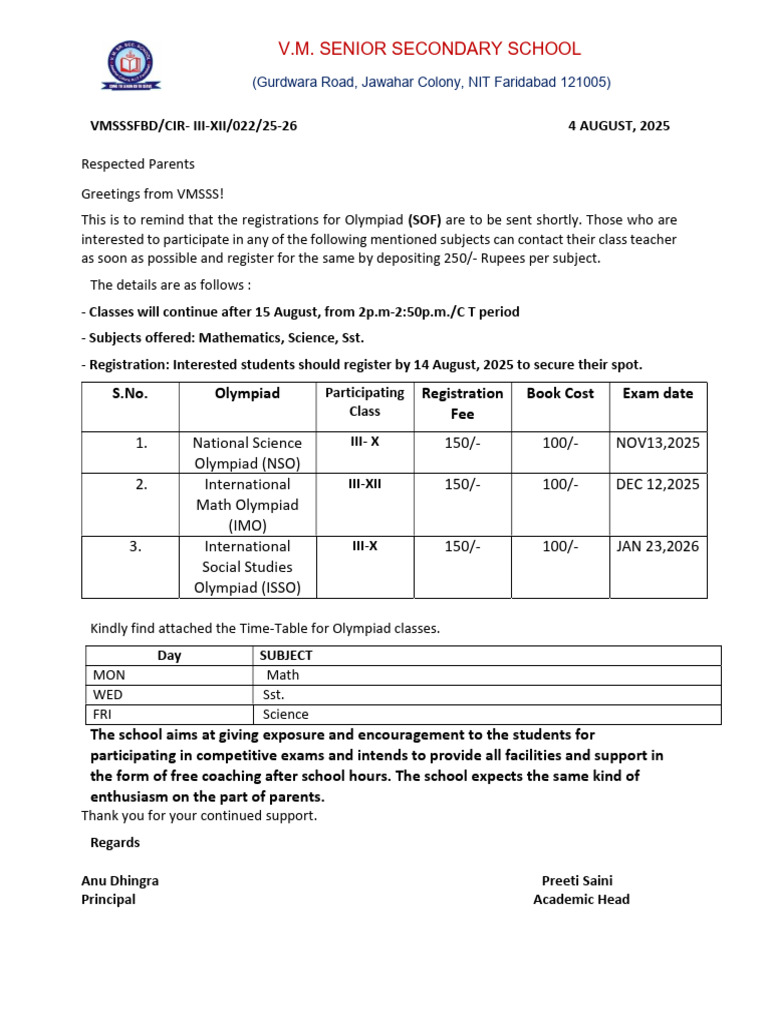 Olympiad Registration Notice for Students | PDF