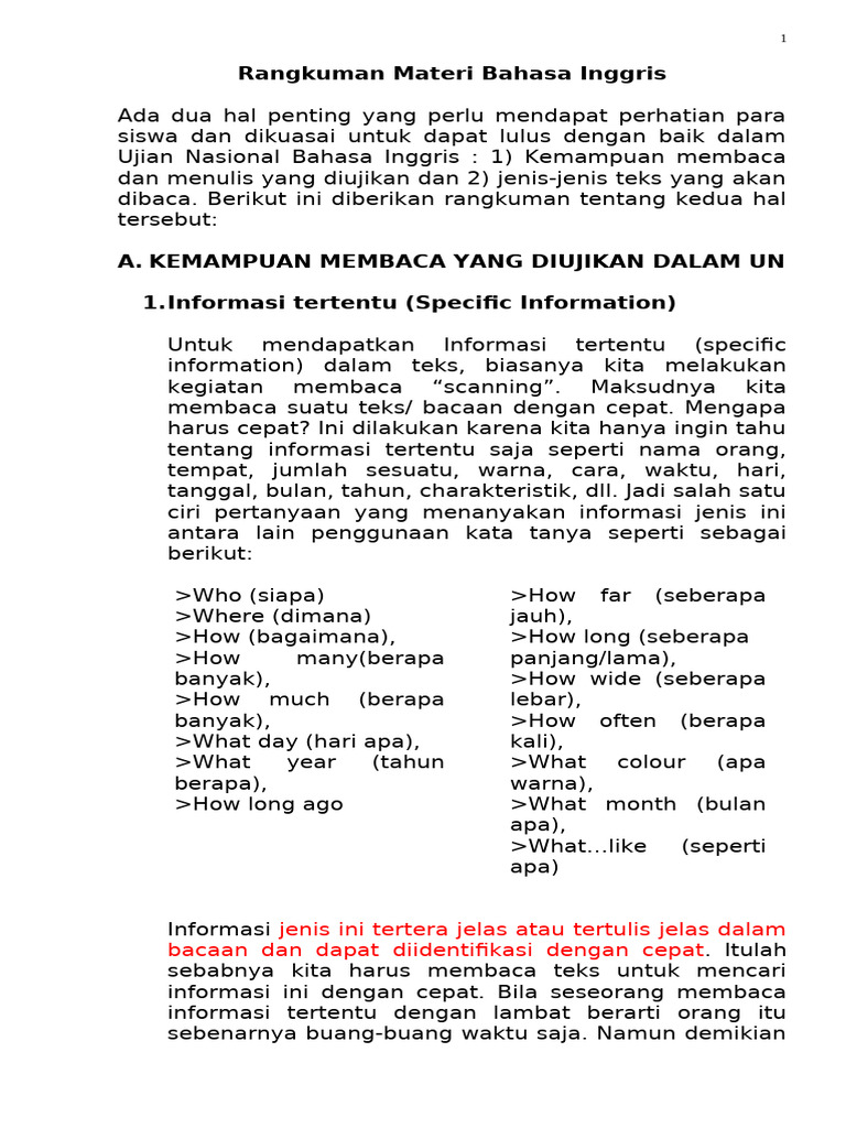 Rangkuman Ujian Nasional Bahasa Inggris | PDF