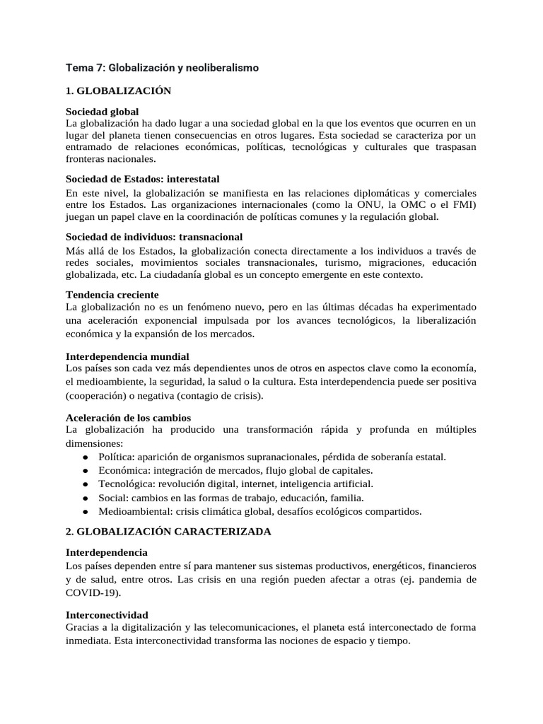 Tema 7 - Globalización y Neoliberalismo | PDF | Globalización ...