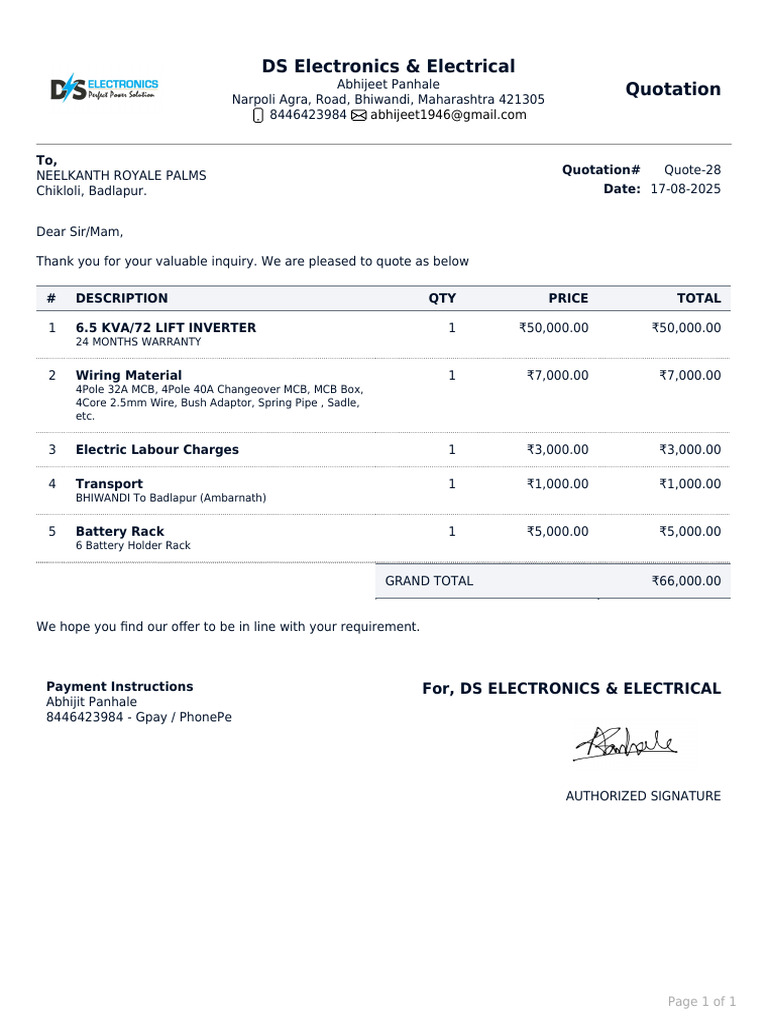 Quotation for Electrical Services and Equipment | PDF
