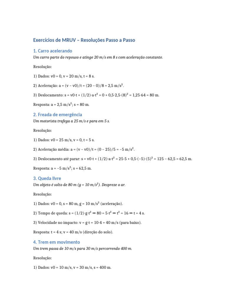 Exercícios Resolvidos de MRUV | PDF