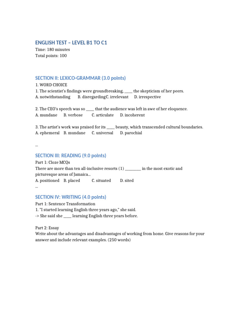 B1 to C1 English Test Overview | PDF