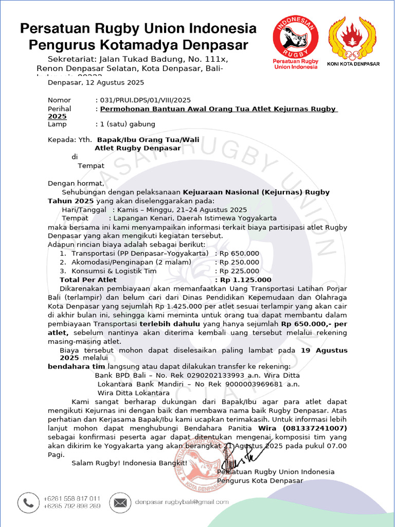 Permohonan Biaya Kejurnas Rugby 2025 | PDF