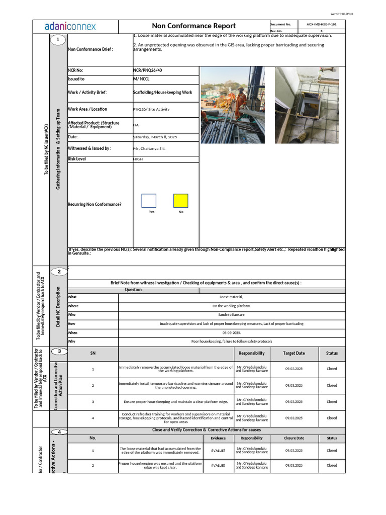 Non Conformance Report for Scaffolding Issues | PDF | Safety ...