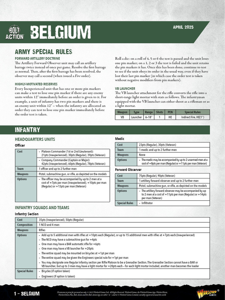 Belgium Army Special Rules Guide | PDF | Anti Tank Warfare | Tanks