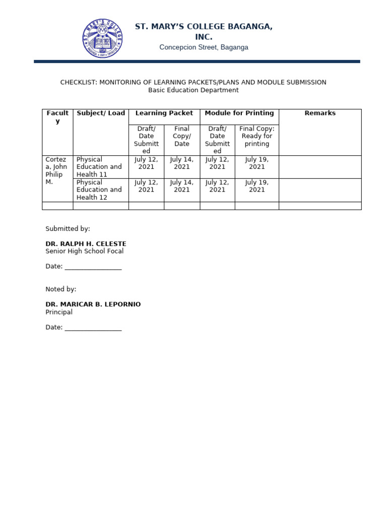 Checklist - Submission of LP and Module - BED | PDF