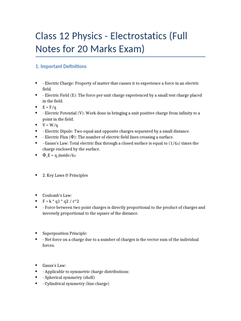 Class 12 Physics Electrostatics Notes | PDF | Electric Field | Physics
