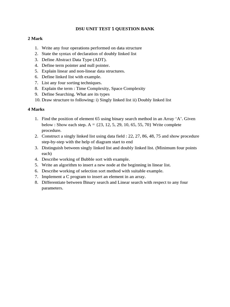 DSU Unit Test 1 Question Bank | PDF