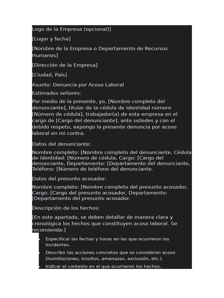 Denuncia de Acoso Laboral Formal | PDF
