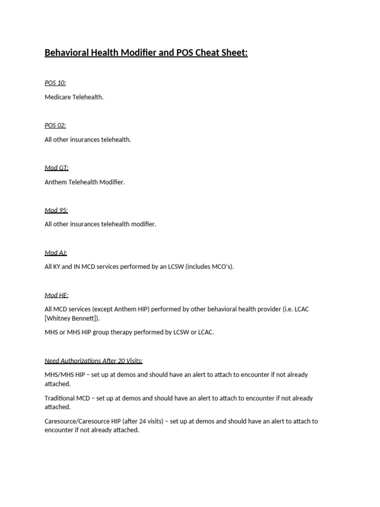 Behavioral Health Modifiers Cheat Sheet | PDF | United States ...