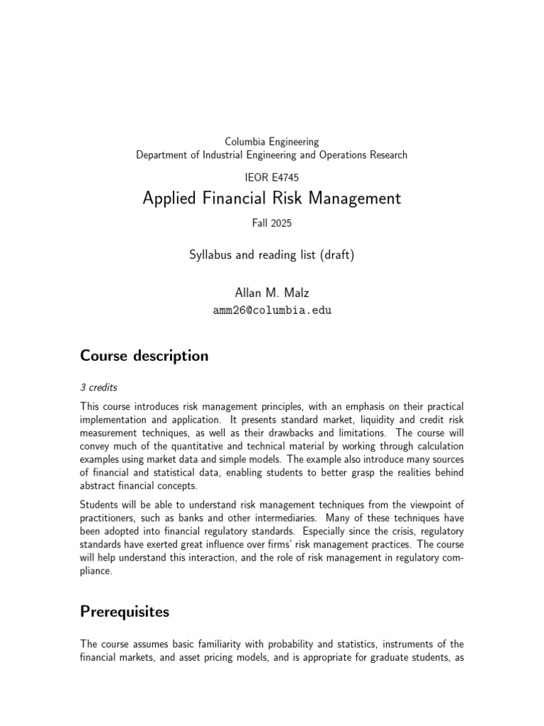 Applied Financial Risk Management Syllabus | PDF | Value At Risk ...