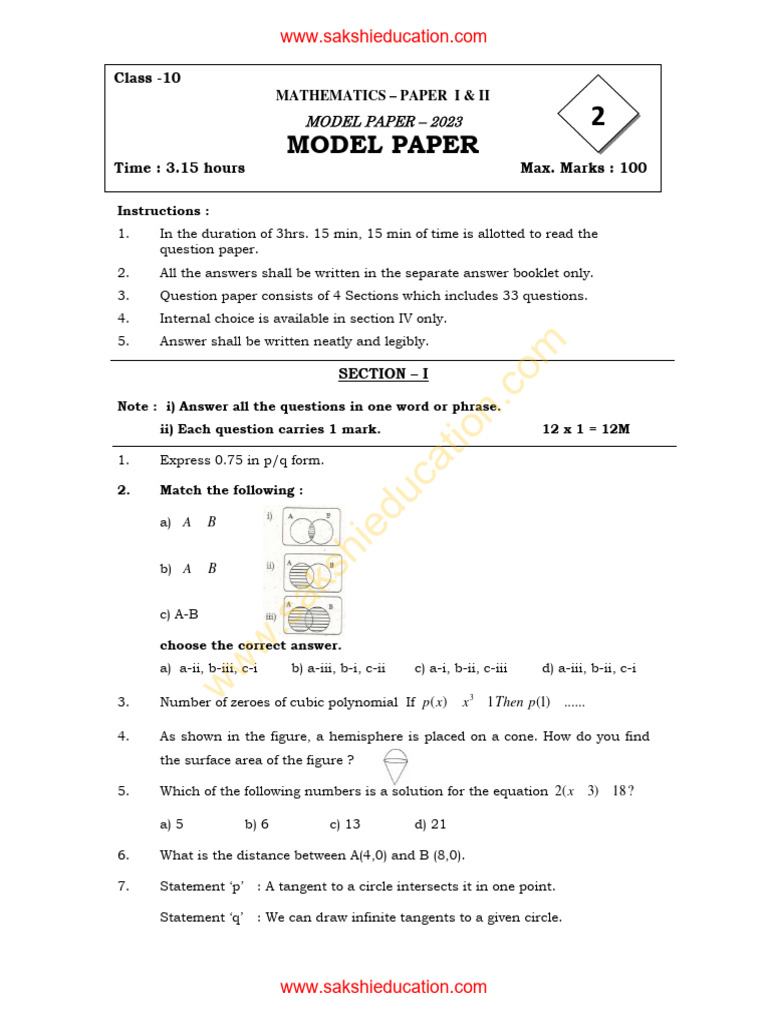10th Class Maths Model Paper 2023 | PDF | Mathematics | Euclidean Geometry