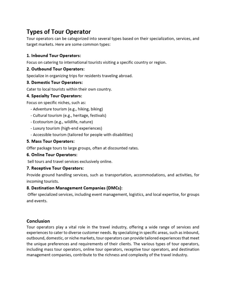 Types of Tour Operators Explained | PDF