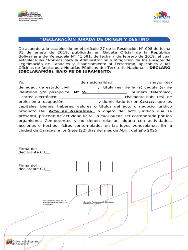Declaración Jurada de Fondos Saren 2025 | PDF