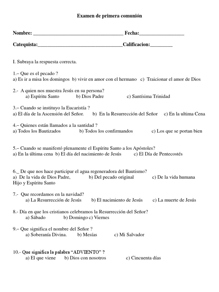 Examen de primera comunión eucaristía Confirmación