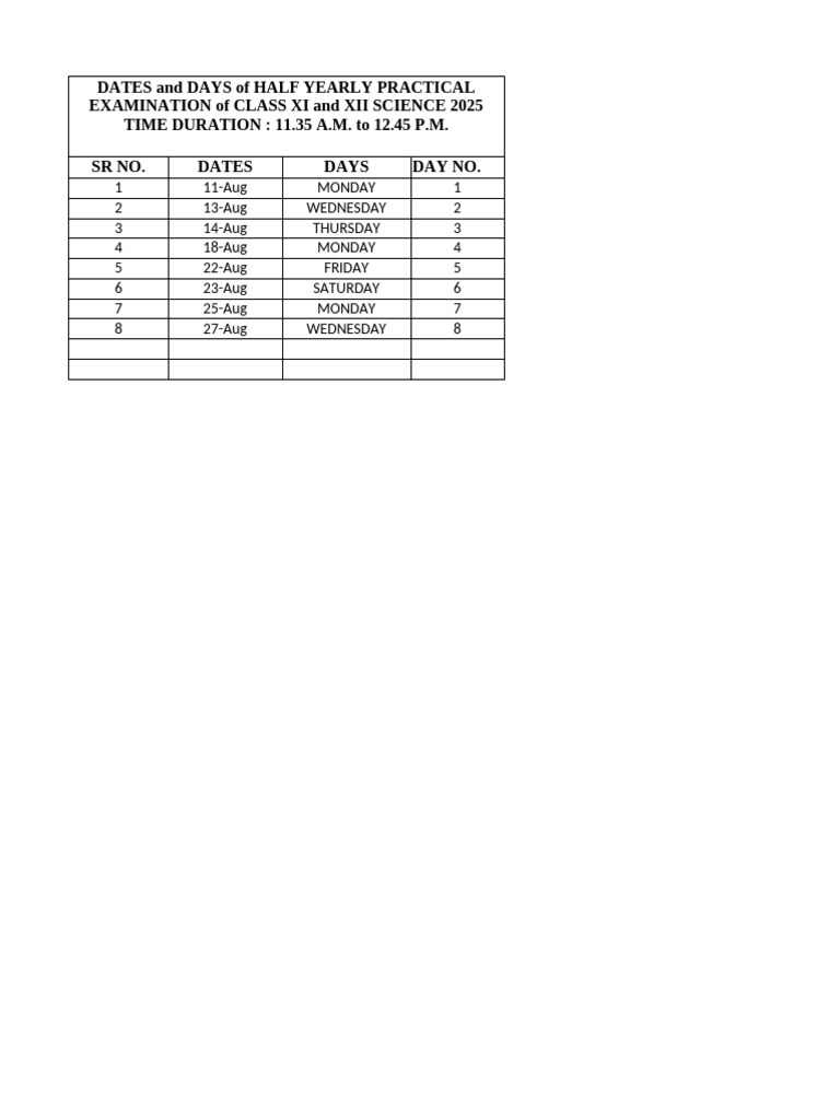 Dates and Days For Half Yearly Practical Exam 2025 | PDF