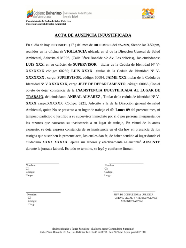 Acta de Inasistencia Laboral 2024 | PDF