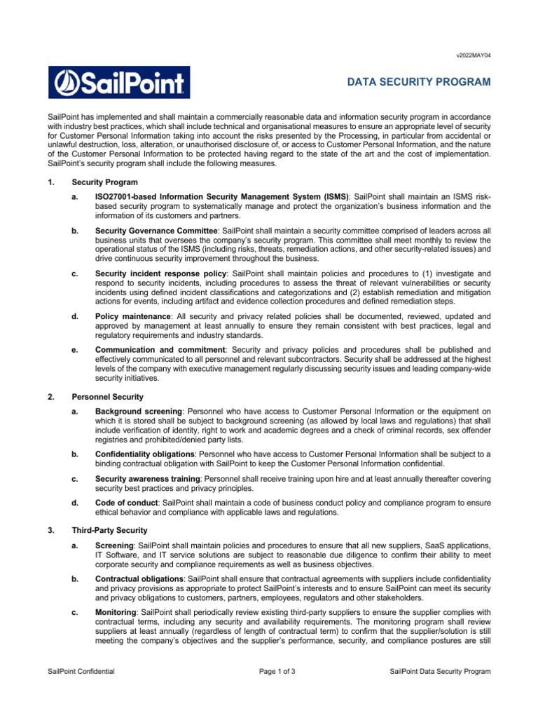 SailPoint Data Security Program v2022MAY04 | PDF | Security | Computer ...