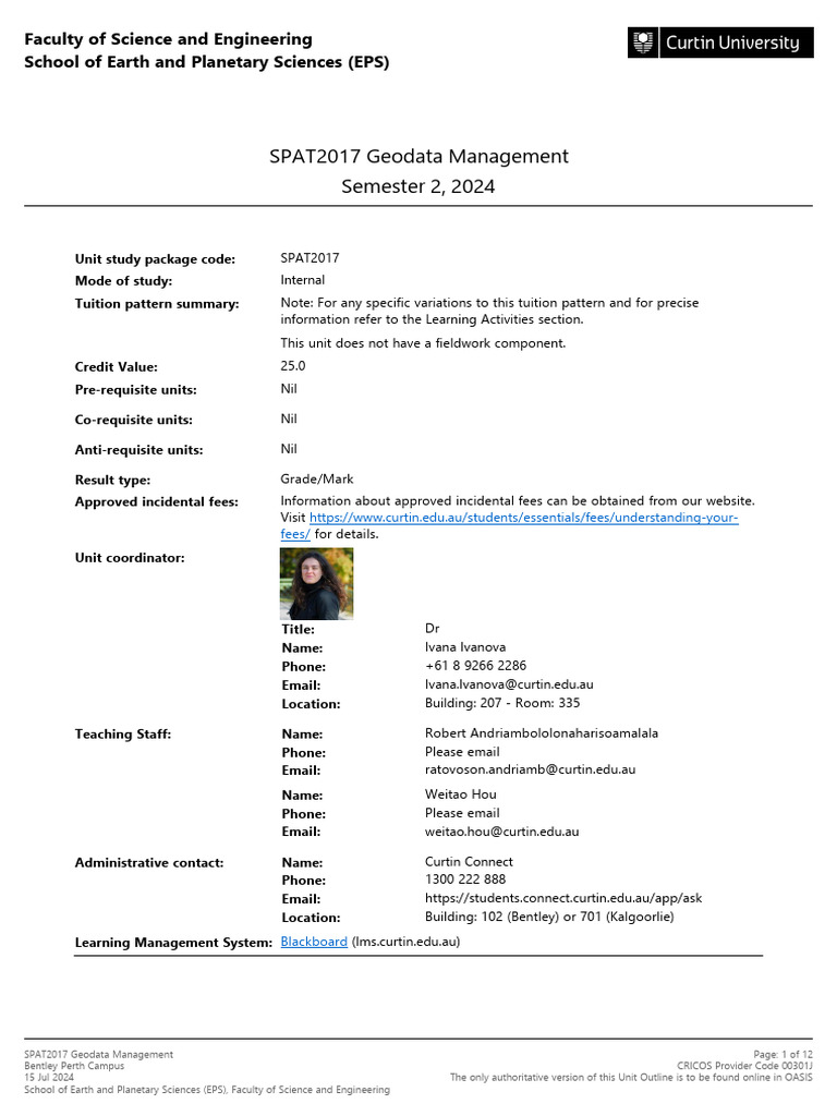 SPAT2017 Geodata Management Semester 2 2024 Bentley Perth Campus INT ...