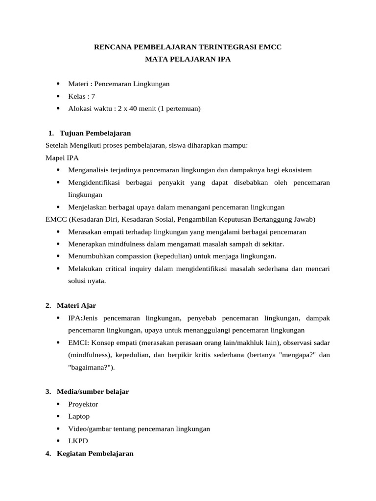 Rencana Pembelajaran EMCC IPA Kelas 7 | PDF