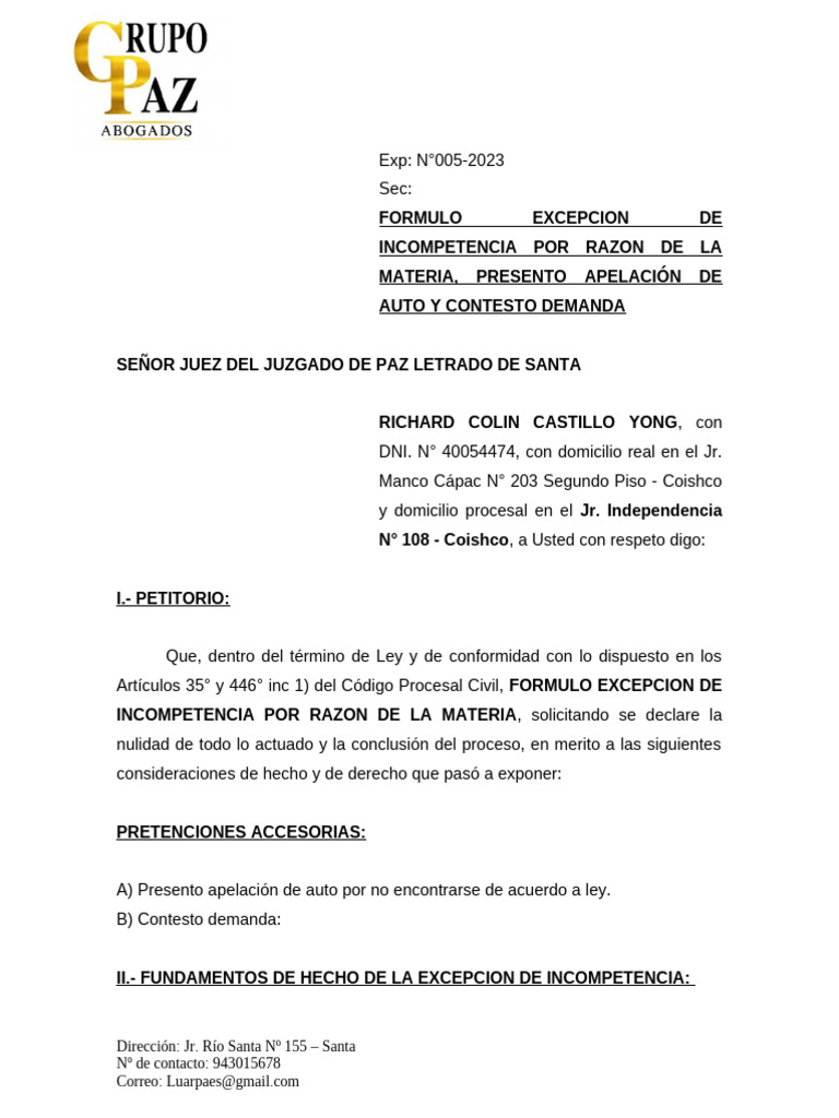 Formulo Excepcion de Incompetencia Por Razon de La Materia, Presento ...