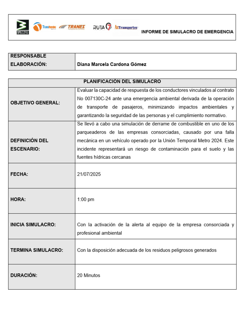 Informe de Simulacro de Emergencia Combustible Julio 2025 | PDF ...